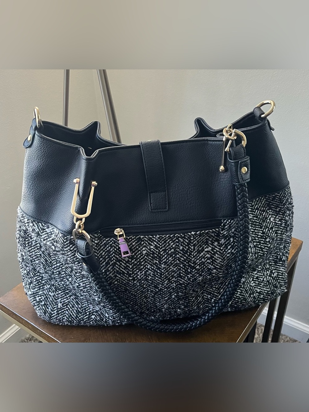 Black Rivet Black & Gray Herringbone Tote Handbag with Gold Hardware - Picture 2 of 7